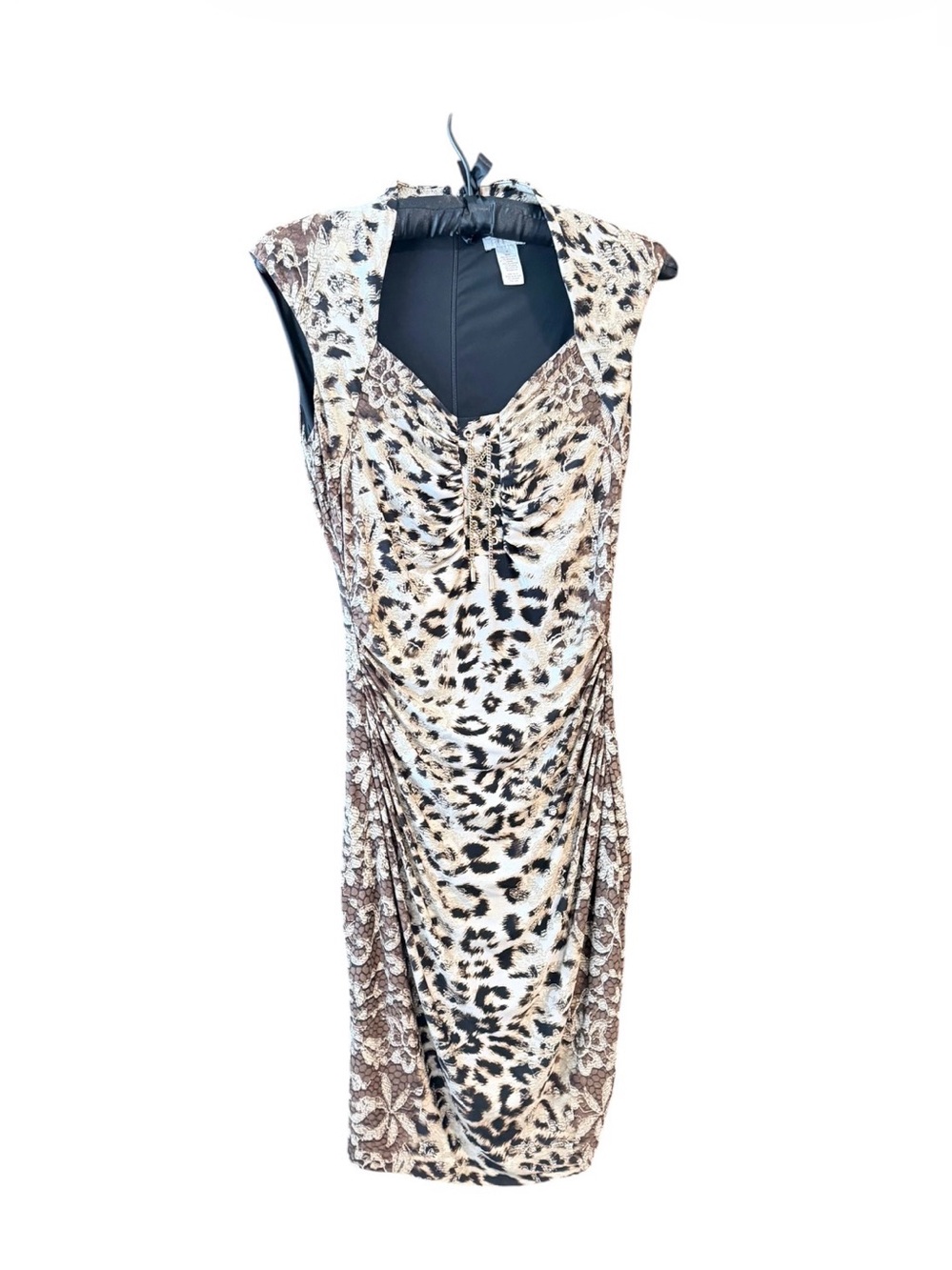 Cache Sleeveless Leopard Print Ruched Dress - Brown Multi with Gold Detail